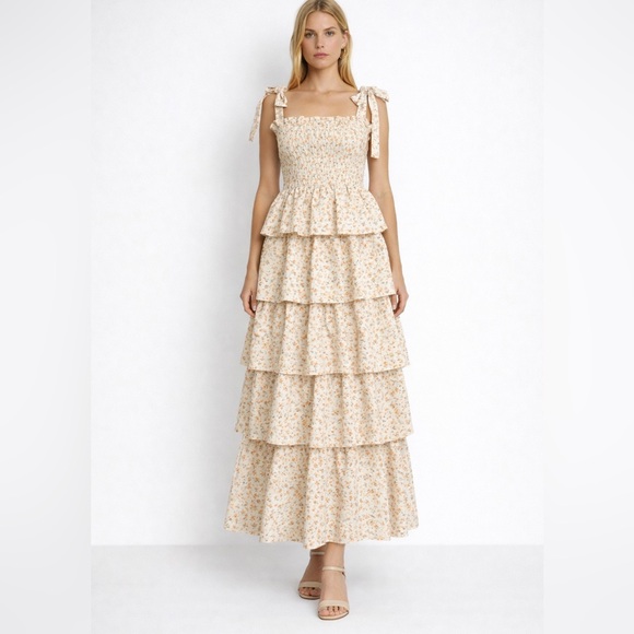 Just Me Dresses & Skirts - Just Me Cottagecore Fairy Floral Tiered Maxi Dress Smocked Tie Straps Small